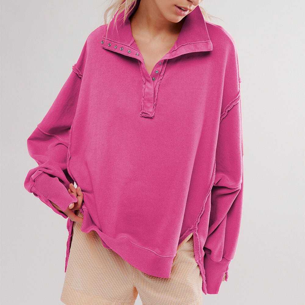 Damen Oversize Pullover mit Kragen und Druckknöpfen Heidi-Mode