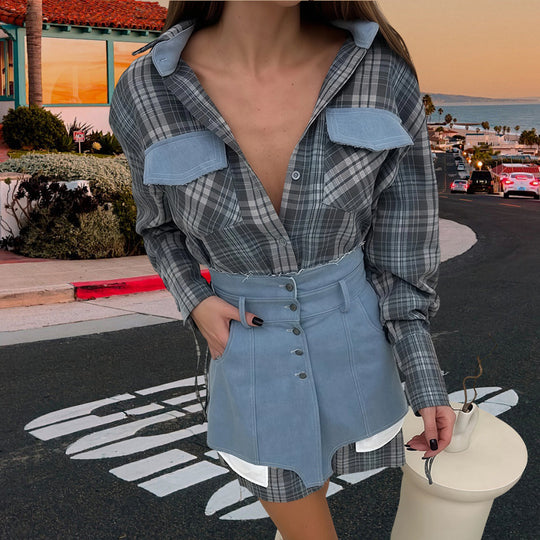 Damen Karo Hemdbluse mit Jeansrock und artisanalem Schnitt Heidi-Mode