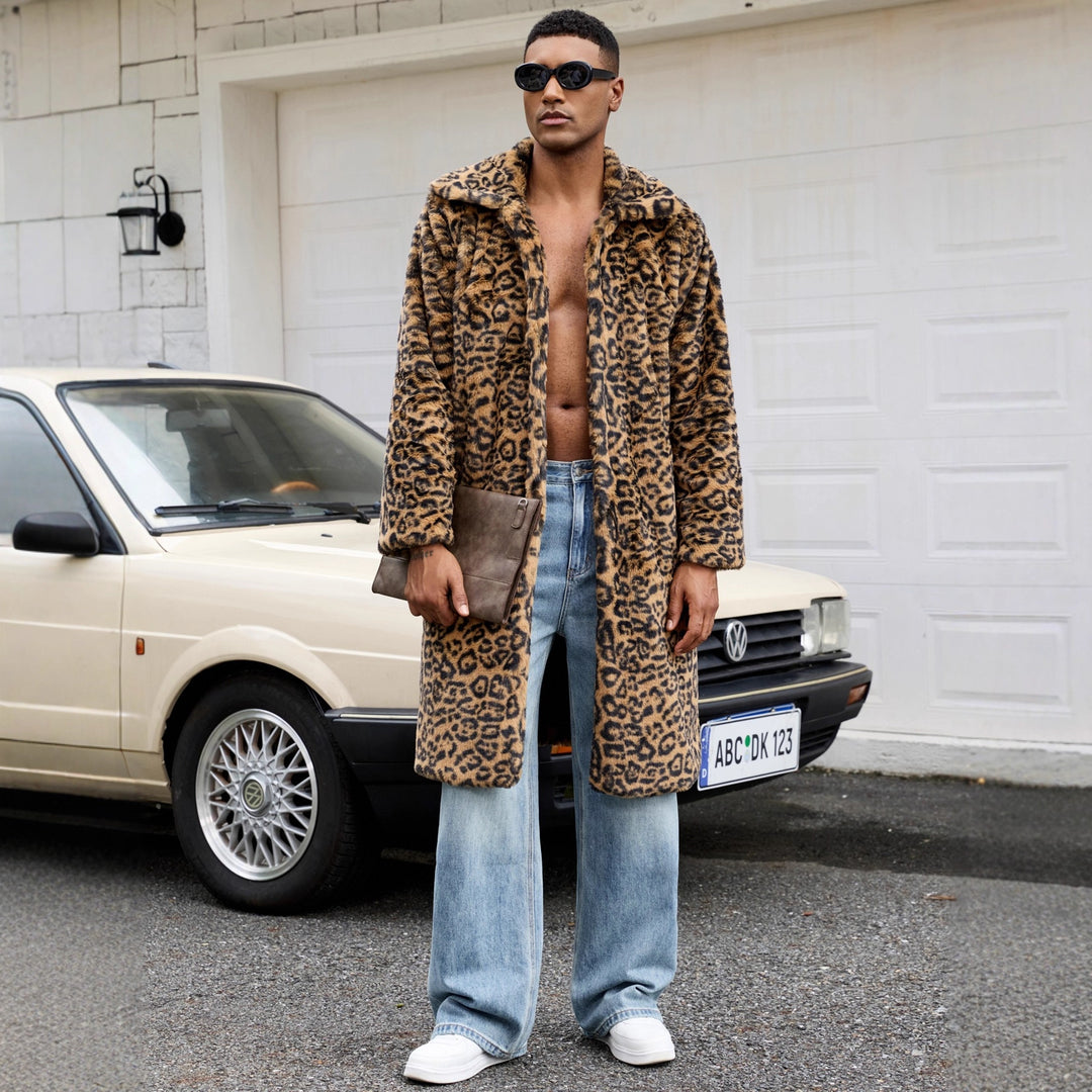 Herren Luxus Kunstpelzmantel mit Leopardenmuster Heidi-Mode