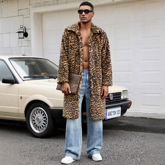 Herren Luxus Kunstpelzmantel mit Leopardenmuster Heidi-Mode