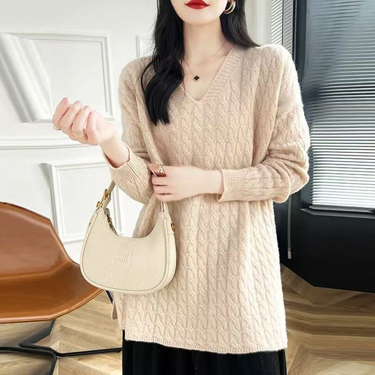Damen Grobstrickpullover mit V-Ausschnitt und lässigem Schnitt Heidi-Mode