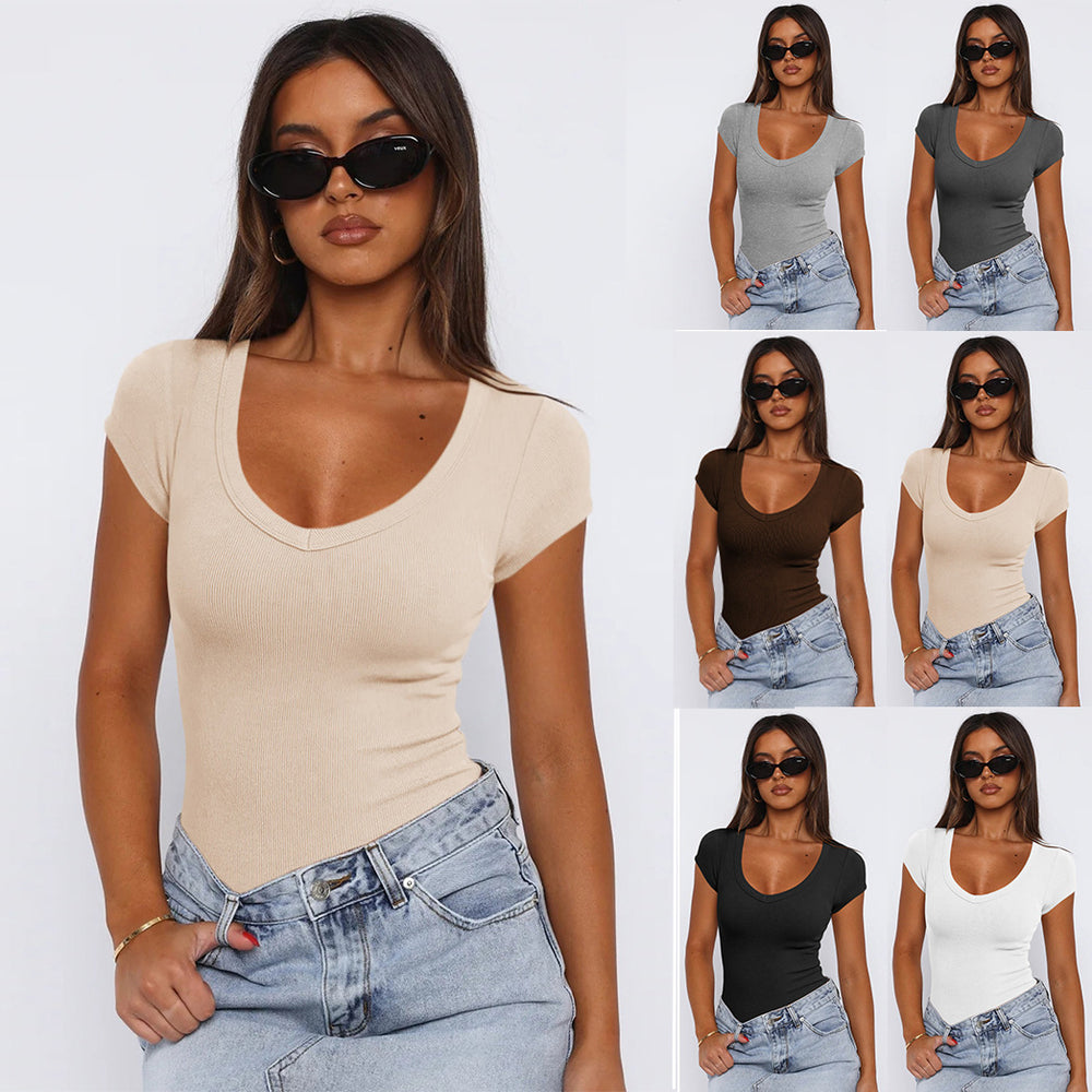 Damen Body mit tiefem V-Ausschnitt und figurbetonter Passform Heidi-Mode