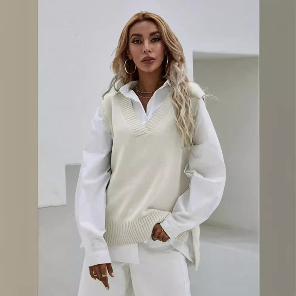 Damen Strickweste mit V-Ausschnitt und feinen Rippstrukturen Heidi-Mode