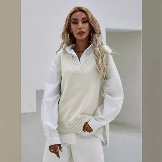 Damen Strickweste mit V-Ausschnitt und feinen Rippstrukturen Heidi-Mode