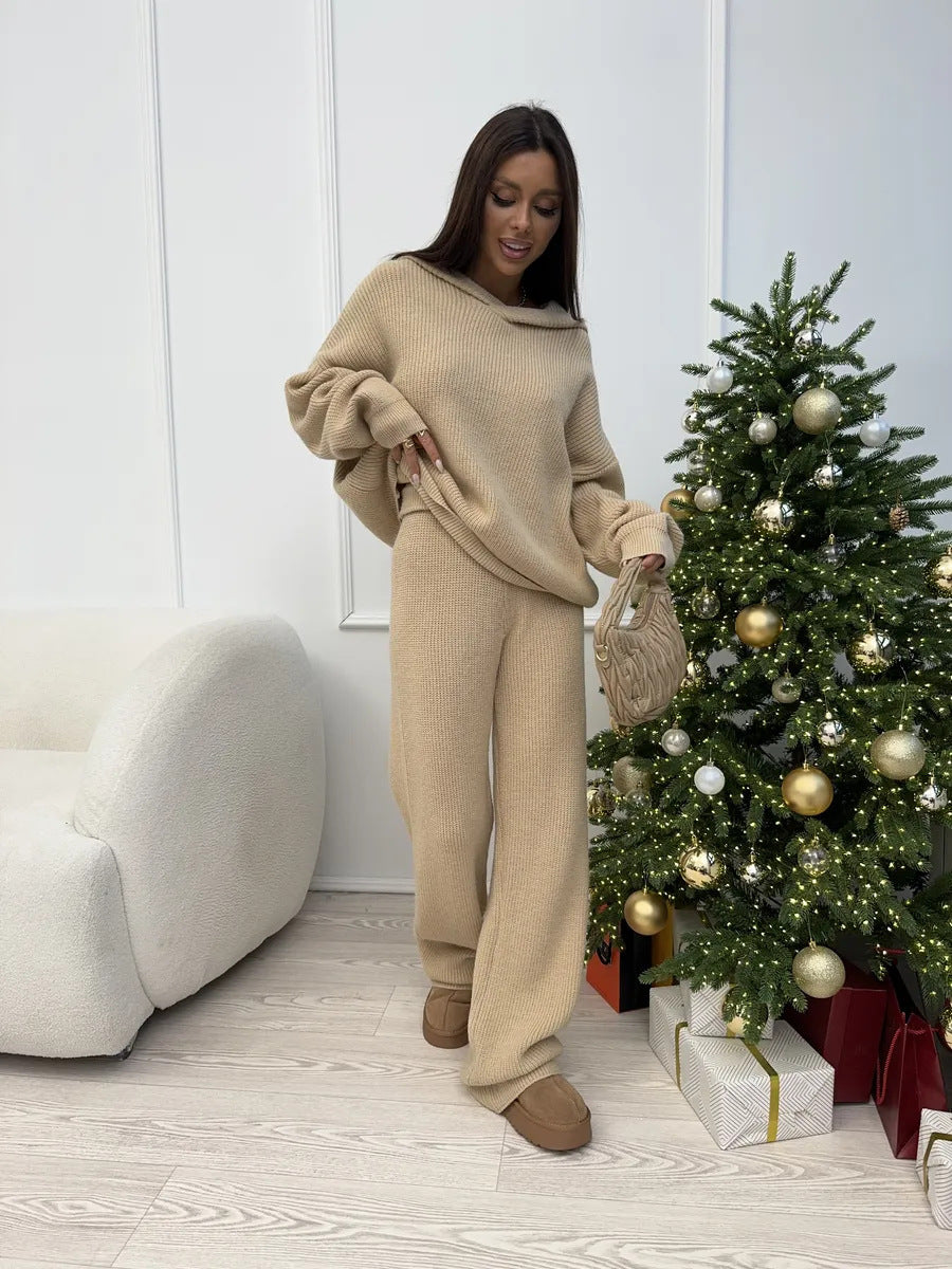Damen lässiger Strick-Loungewear-Anzug mit weitem Schnitt und Kapuze Heidi-Mode