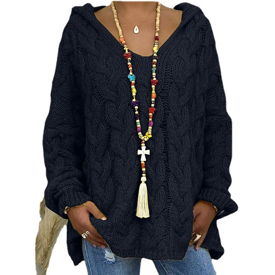 Damen Kapuzenpullover mit Zopfmuster und weitem Schnitt Heidi-Mode