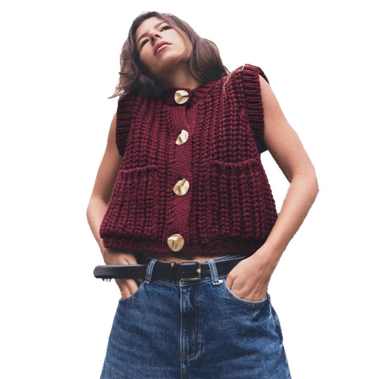Damen Strickweste mit Knopfdetaillierung und praktischen Taschen Heidi-Mode
