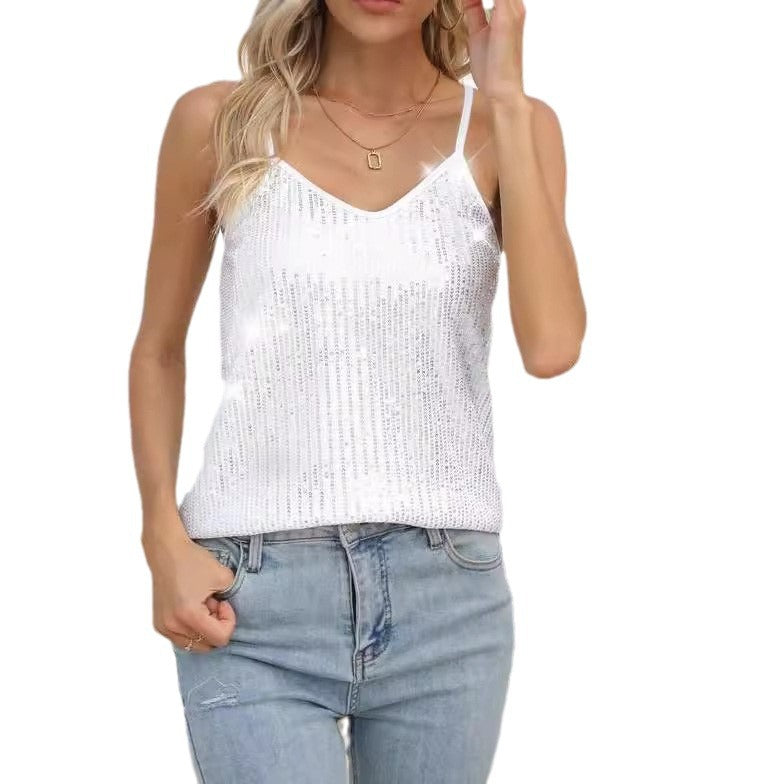 Damen Glitzerndes Spaghettiträger-Top mit V-Ausschnitt Heidi-Mode
