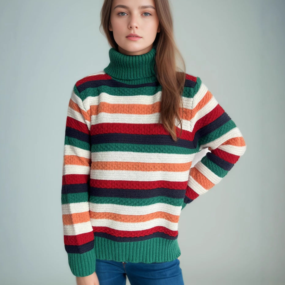 Damen Rollkragenpullover mit farbenfrohen Streifen und hochwertiger Strickqualität Heidi-Mode