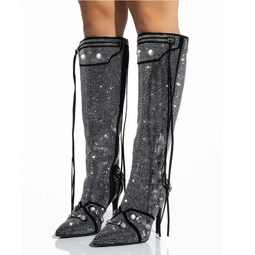 Femme Über-das-Knie Strass High Heel Stiefel Heidi-Mode