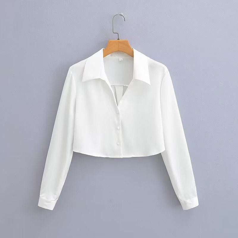 Damen Crop-Bluse mit elegantem Kragen und durchgehendem Knopfverschluss Heidi-Mode