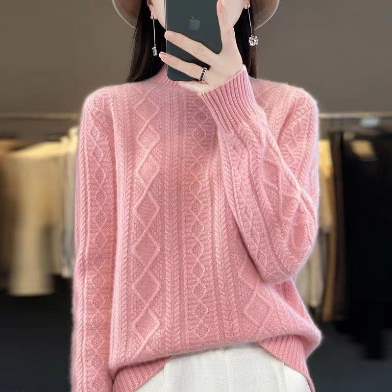 Damen Hochwertiger Strickpullover mit Stehkragen und Zopfdesign Heidi-Mode
