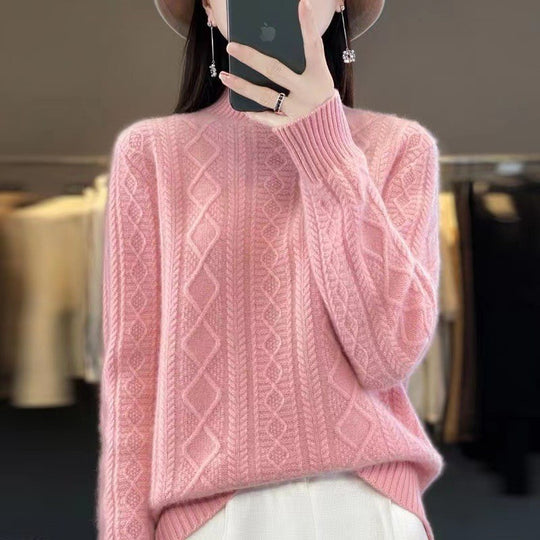 Damen Hochwertiger Strickpullover mit Stehkragen und Zopfdesign Heidi-Mode