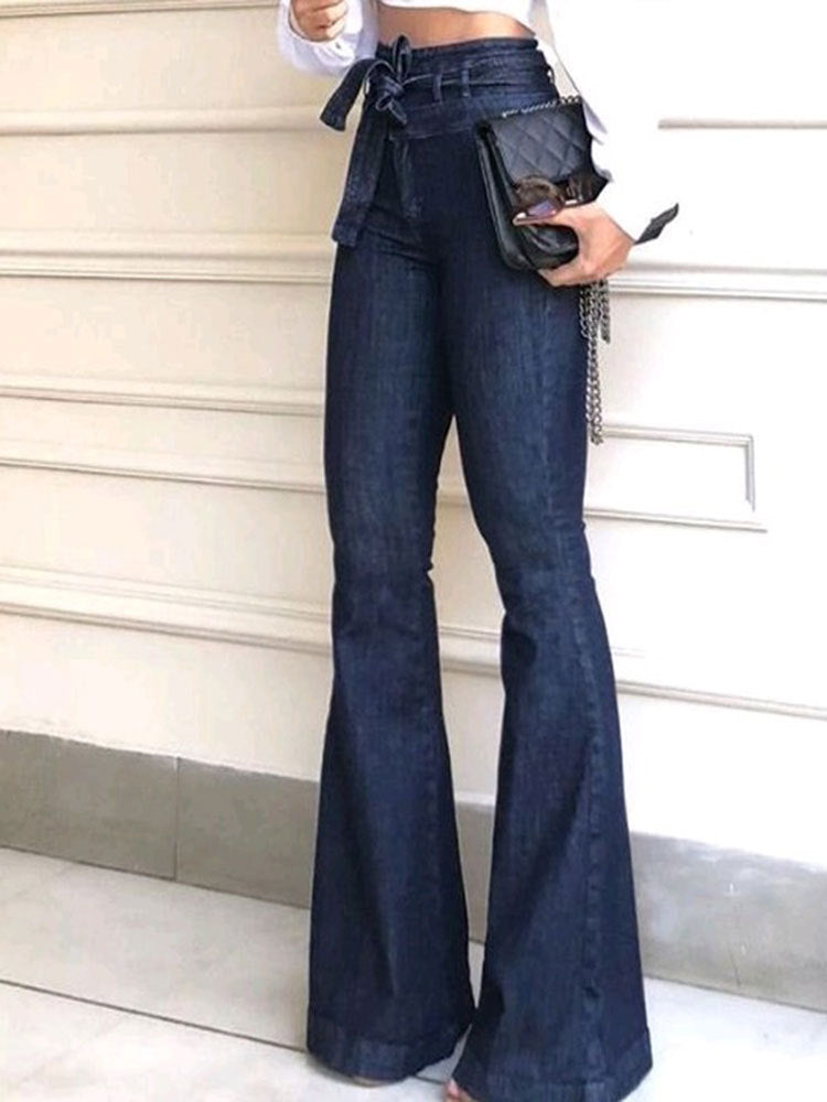 Damen elegante Bootcut-Jeans mit hohem Bund und Gürtel Heidi-Mode