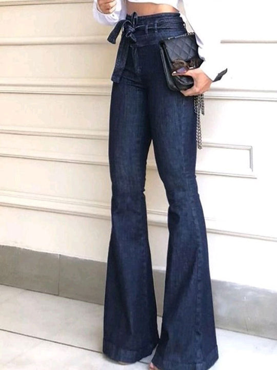 Damen elegante Bootcut-Jeans mit hohem Bund und Gürtel Heidi-Mode