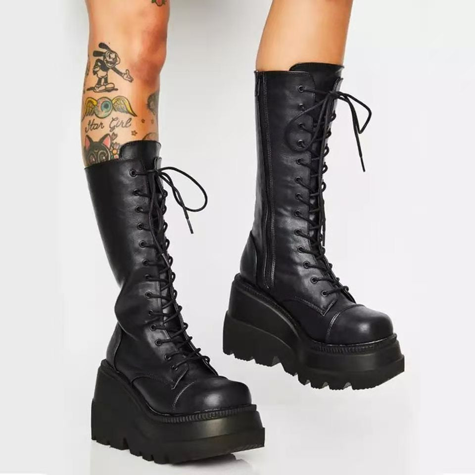 Damen Hochwertige Schnürstiefel mit Plateauabsatz und seitlichem Reißverschluss Heidi-Mode