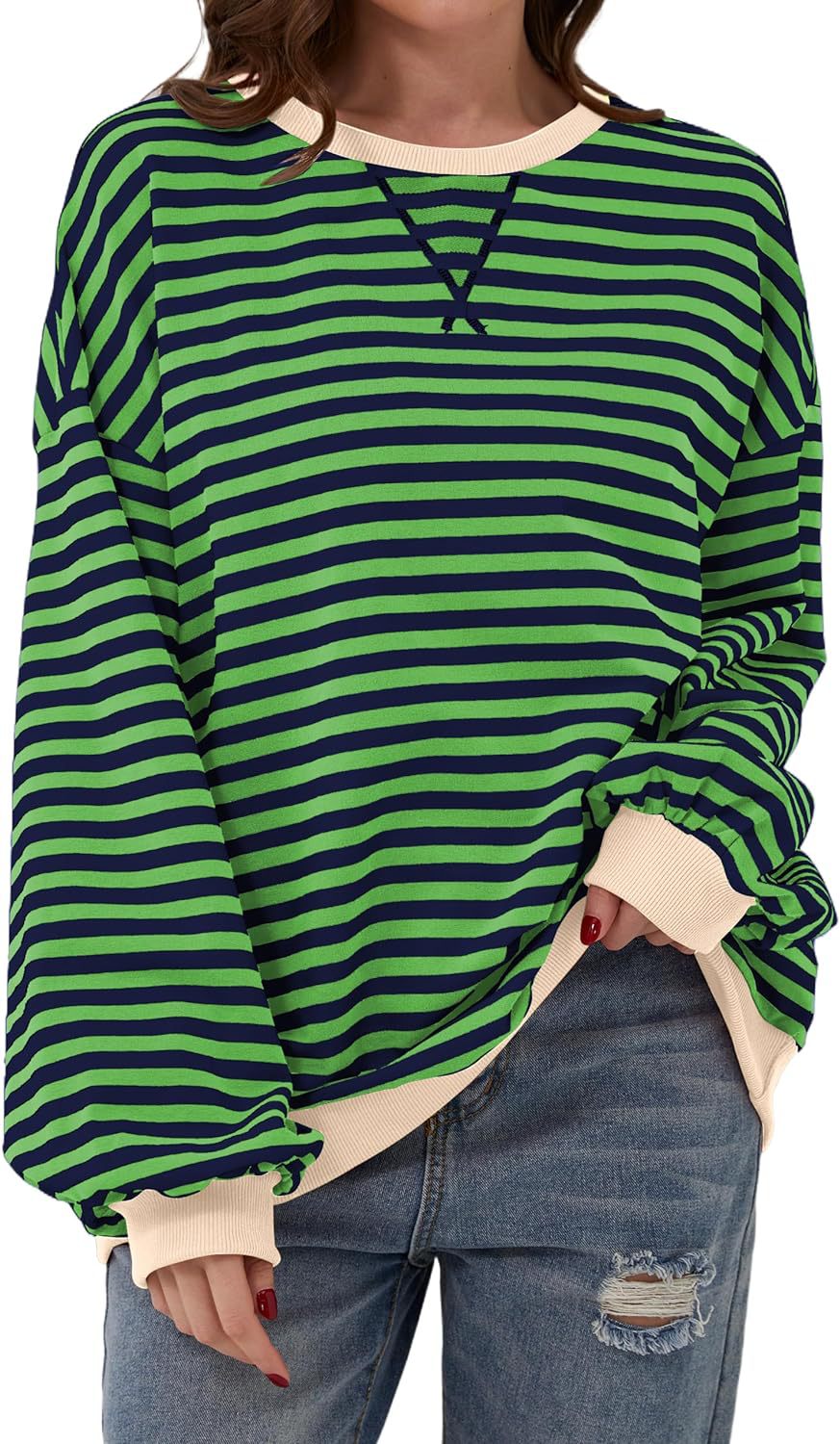 Damen lässiger Oversized Sweatshirt mit bunten Streifen und Kapuzenkordel Heidi-Mode
