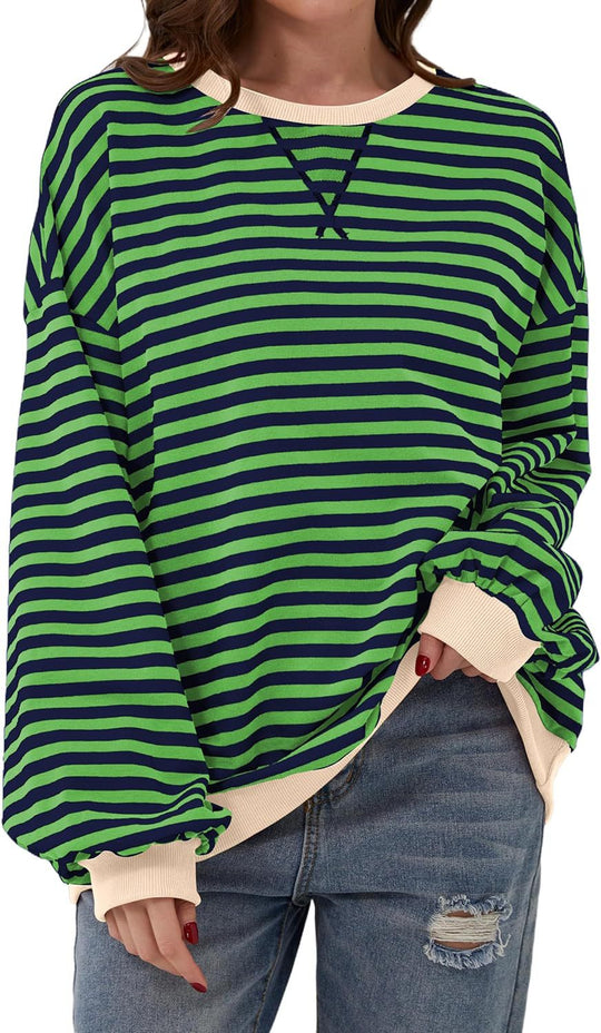 Damen lässiger Oversized Sweatshirt mit bunten Streifen und Kapuzenkordel Heidi-Mode