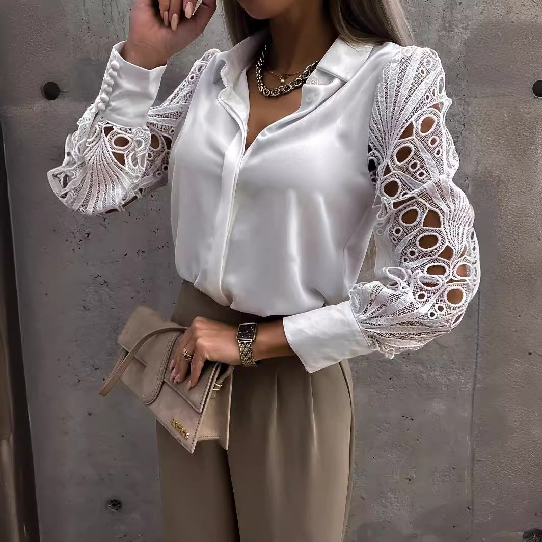 Damen Elegante Bluse mit kunstvollen Spitzenärmeln Heidi-Mode