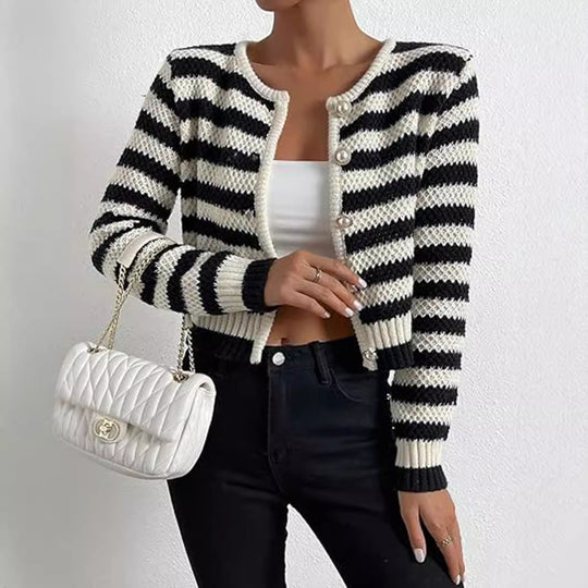 Damen gestreifte Strickjacke mit dekorativen Knöpfen Heidi-Mode