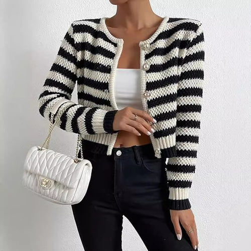 Damen gestreifte Strickjacke mit dekorativen Knöpfen Heidi-Mode