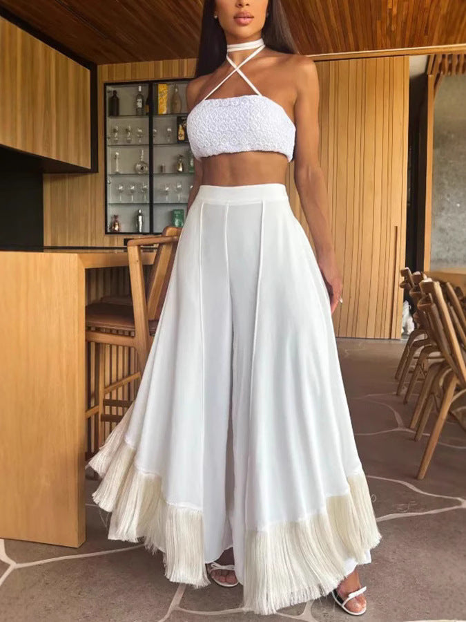 Damen Halterneck Häkeloberteil und weite Hosen Set Heidi-Mode