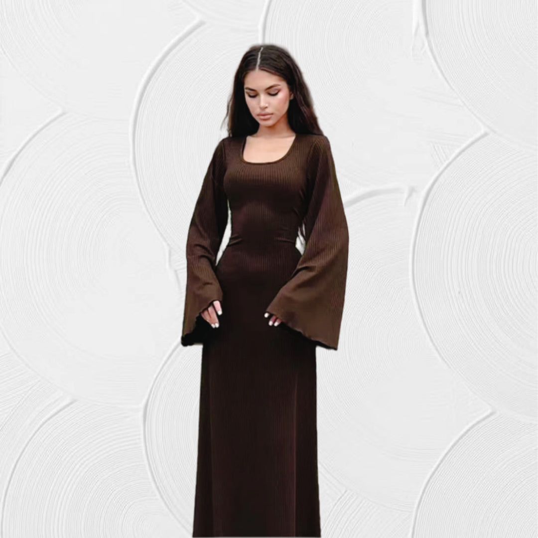 Damen Maxikleid mit elegantem V-Ausschnitt und weit schwingenden Ärmeln Heidi-Mode