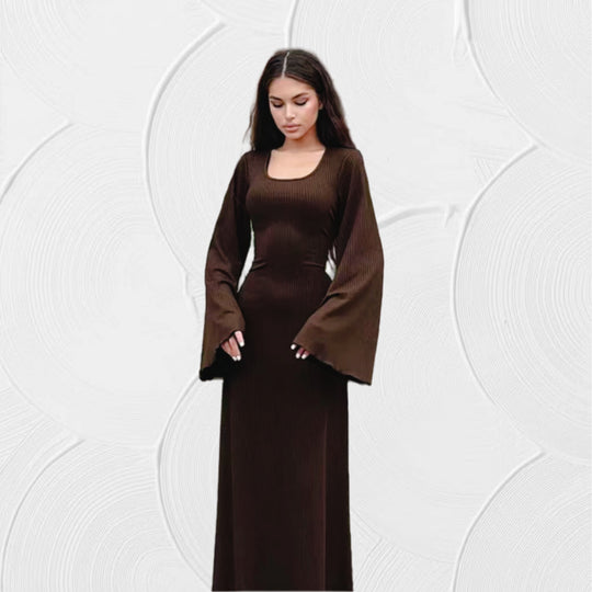 Damen Maxikleid mit elegantem V-Ausschnitt und weit schwingenden Ärmeln Heidi-Mode