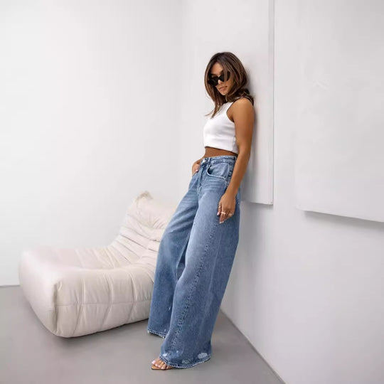 Damen Weit geschnittene Jeanshose mit hohem Bund und lässigem Stil Heidi-Mode