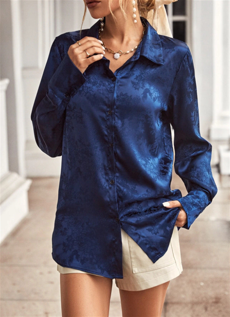 Damen edle Longbluse aus glänzendem Satin mit floralem Muster Heidi-Mode