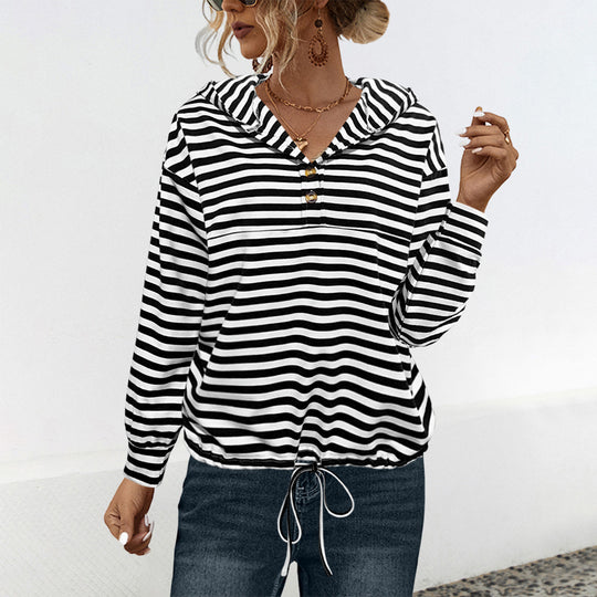 Damen lässiger Kapuzenpullover mit Streifenmuster und verstellbarem Tunnelzug Heidi-Mode