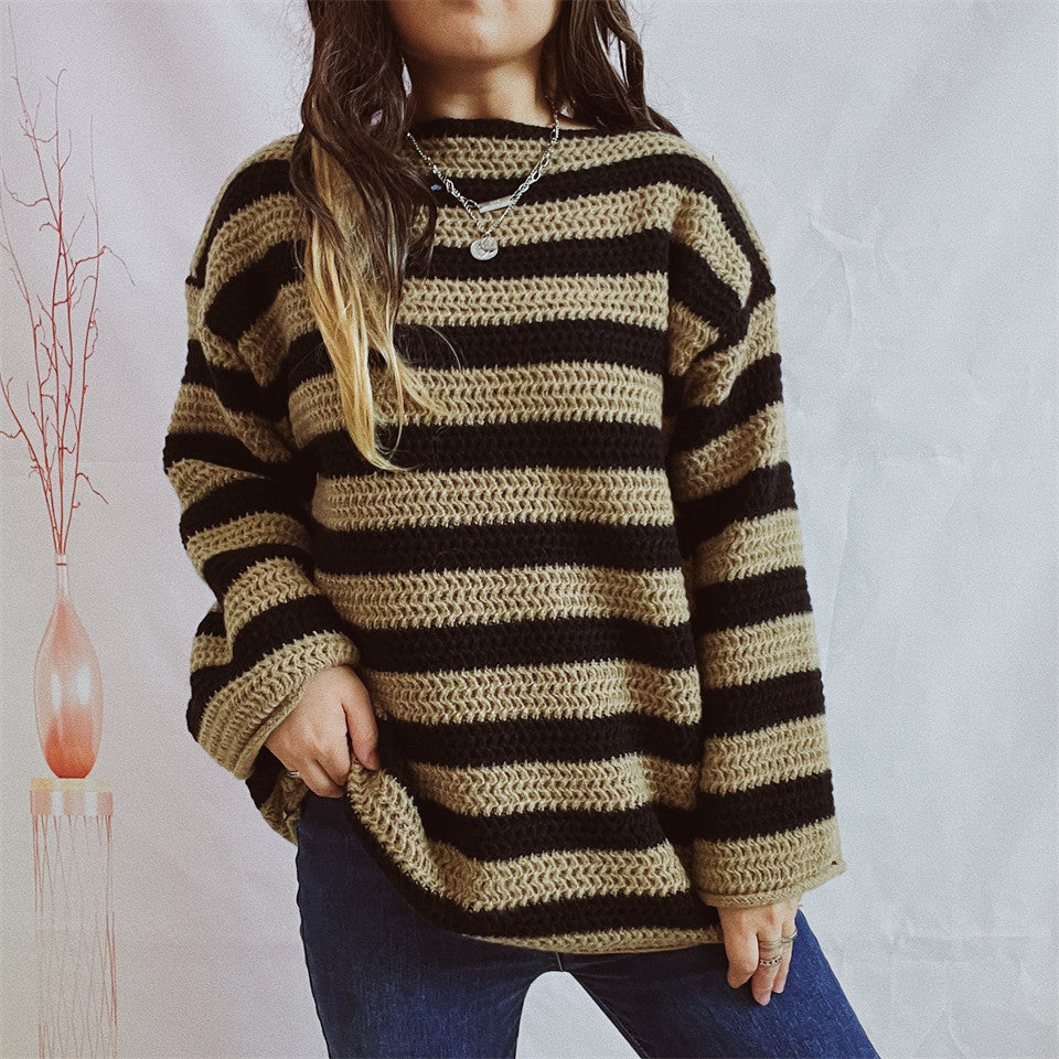 Damen lässiger Strickpullover mit kontrastierenden Streifen und weitem Schnitt Heidi-Mode