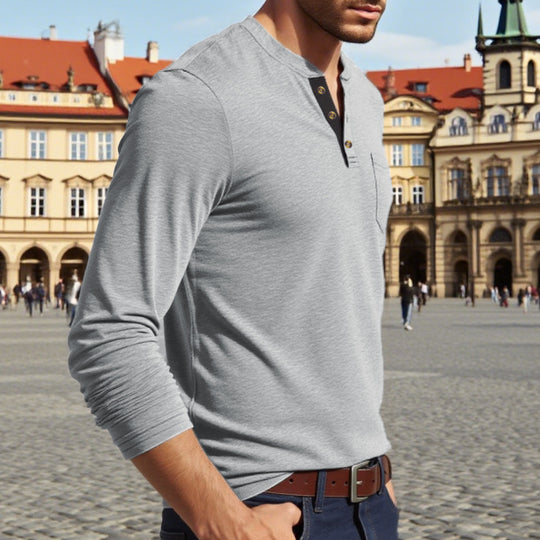 Herren Langarm-Henley-Shirt mit Knopfleiste und eleganten Akzenten Heidi-Mode