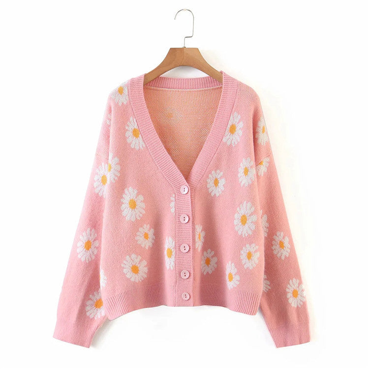 Damen Strickjacke mit Blumenmuster und V-Ausschnitt Heidi-Mode