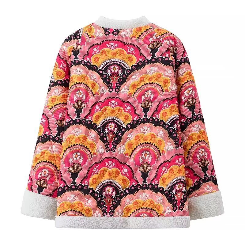Damen Steppjacke mit floralem Fleece-Innenfutter und elegantem Knopfverschluss Heidi-Mode