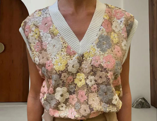 Damen Glamouröses Strickoberteil mit Blumenapplikationen und funkelnden Pailletten Heidi-Mode