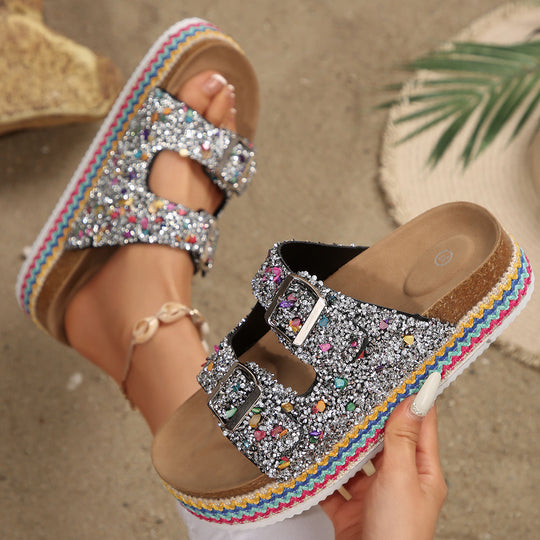 Damen Glitzernde Plateau-Sandalen mit Doppelschnalle und mehrfarbigem Boden Heidi-Mode