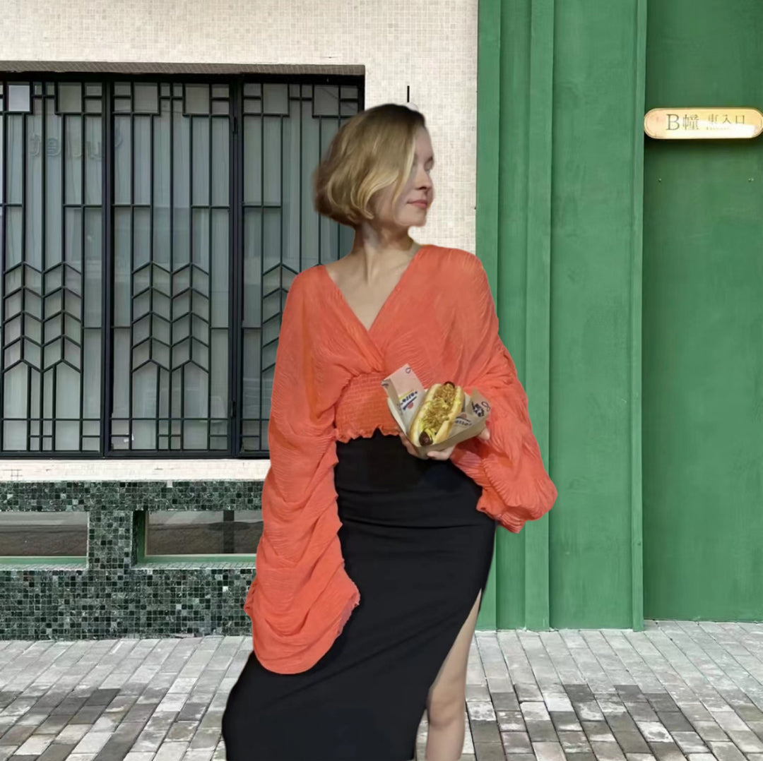 Damen Wickelbluse mit voluminösen Ärmeln und elegantem Design Heidi-Mode