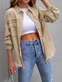 Damen Stylische Overshirt-Jacke mit fransigem Saum Heidi-Mode