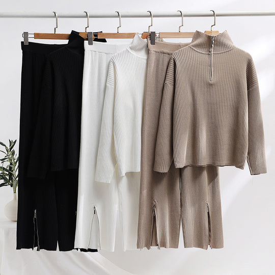 Damen lässiges Strickensemble mit hohem Kragen und seitlichen Schlitzen Heidi-Mode