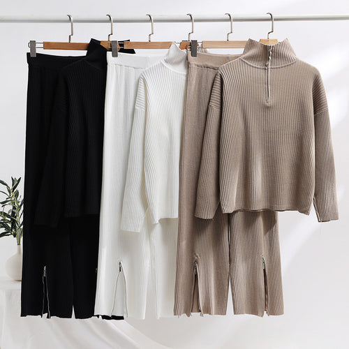 Damen lässiges Strickensemble mit hohem Kragen und seitlichen Schlitzen Heidi-Mode