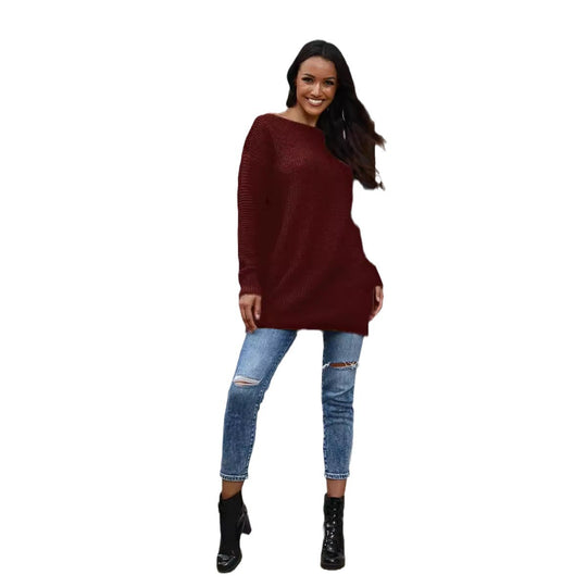 Damen lässiger Strickpullover mit weitem Ausschnitt und Rippstruktur Heidi-Mode