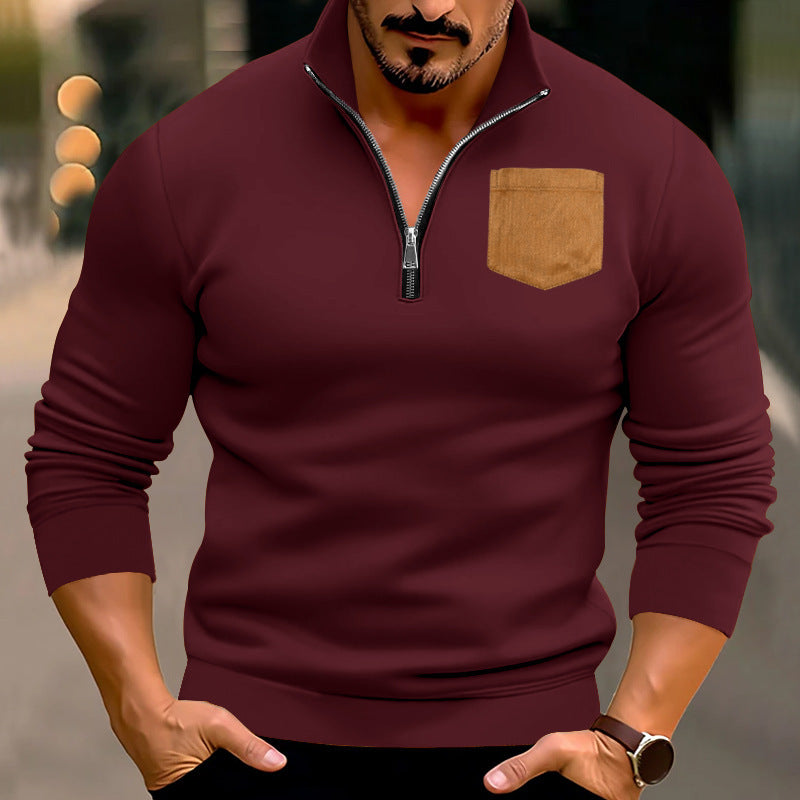 Herren sportlicher Pullover mit halbem Reißverschluss und kontrastierender Brusttasche Heidi-Mode