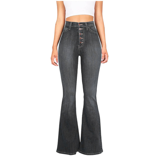 Damen Flared Jeans mit hohem Bund und dekorativer Knopfleiste Heidi-Mode