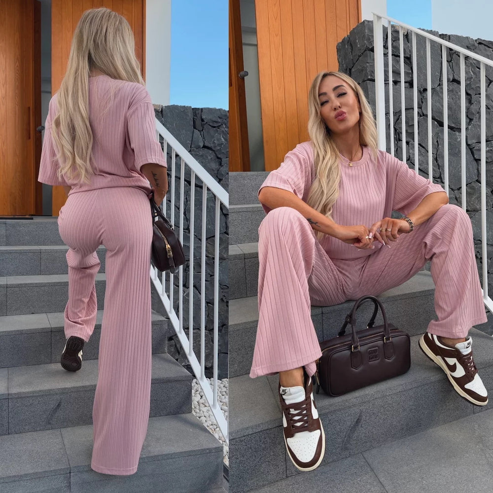 Damen Elegantes Loungewear-Set mit Rippstruktur und weitem Bein Heidi-Mode