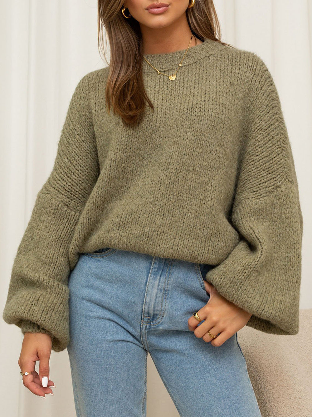 Damen gemütlicher Oversize-Pullover mit voluminösen Ärmeln und weichtexturiertem Strick Heidi-Mode