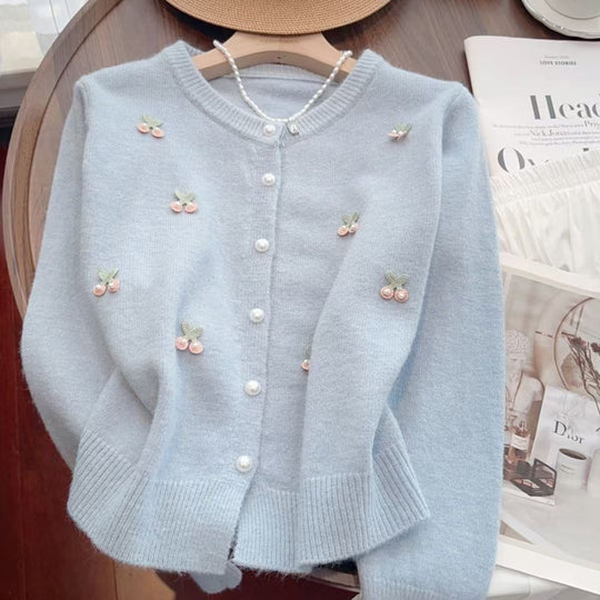 Damen Elegante Strickjacke mit floralen Applikationen Heidi-Mode