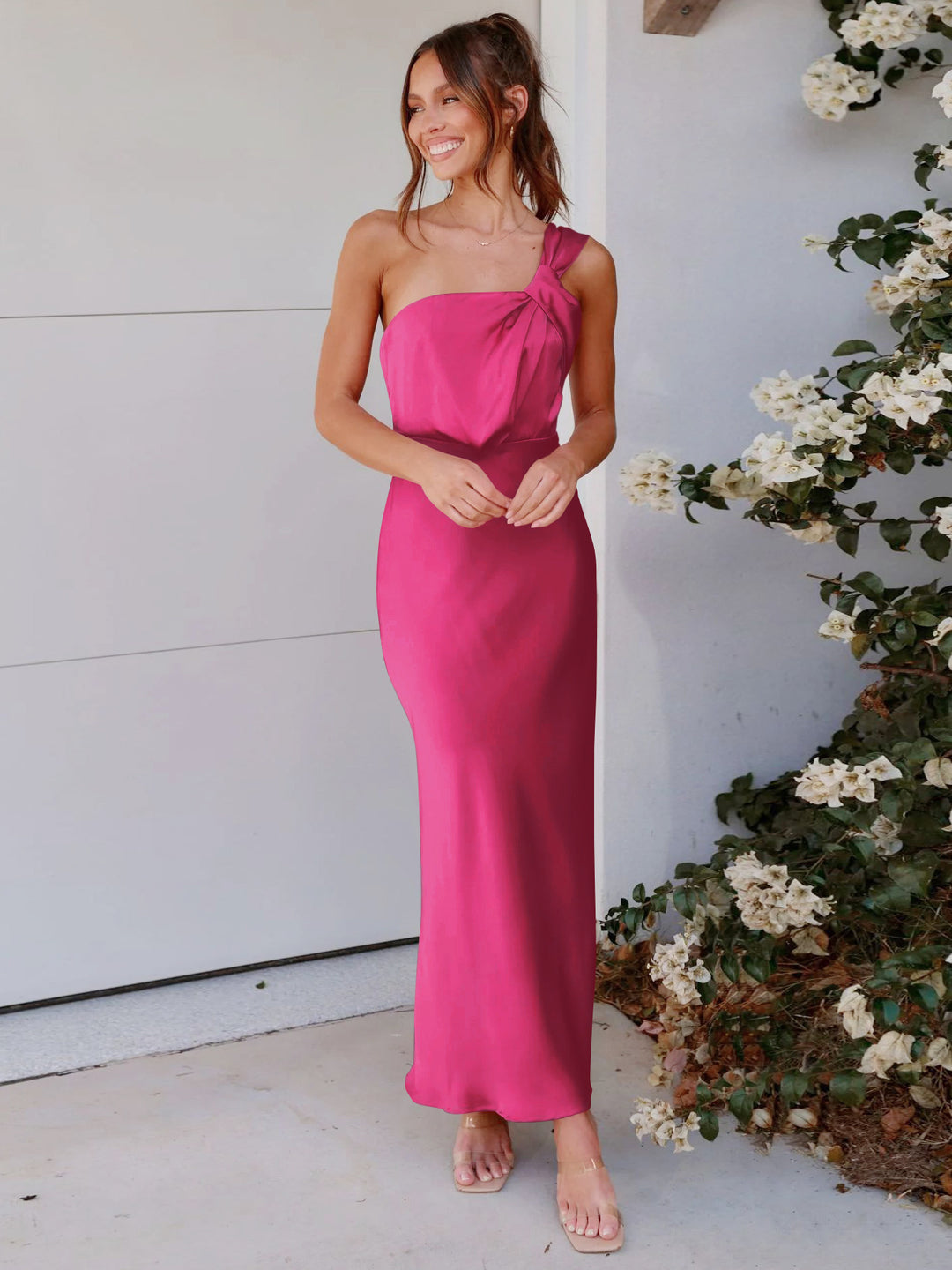 Damen elegantes Maxikleid mit einer Schulter und Knotendetail Heidi-Mode