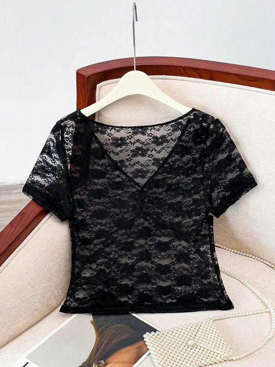 Damen Spitze Oberteil mit V-Ausschnitt und gerafftem Design Heidi-Mode