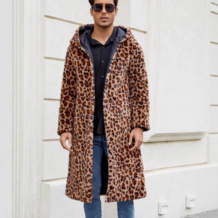 Herren Eleganter Kunstfellmantel mit Leopardenmuster Heidi-Mode